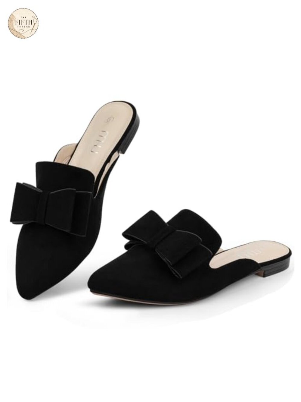 MUSSHOE Womens Pointed Toe Suede Mules Bow Knot Memory Foam Flats